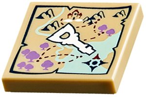 A tan LEGO 2x2 tile depicting a fantasy map with mountains, trees, rivers, and a large white elven key overlapping it.