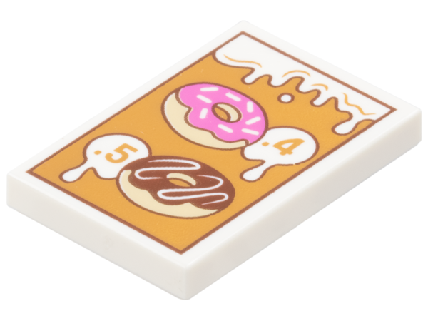 White LEGO 2x3 tile with tan donuts, pink and brown frosting, white dripping icing, and '.4' and '.5' menu prices.