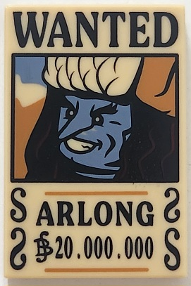 LEGO 2x3 tile, Wanted Poster with 'WANTED', blue Arlong character portrait, and '20.000.000' Berry bounty.