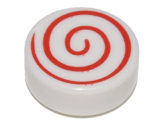 A white LEGO round 1x1 tile featuring a thin red spiral pattern on its top surface.