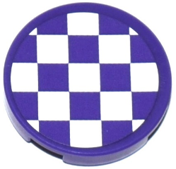 Round LEGO 2x2 tile with a dark purple and white checkered pattern.