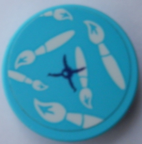 Round medium azure LEGO tile with white paintbrush pattern and a dark blue star-like symbol in the center.