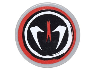 LEGO round 2x2 tile with Ninjago Fangpyre pattern. Black center with white fangs and red spike, red border, grey rim.