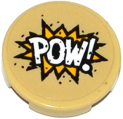 Tan round LEGO 2x2 tile with 'POW!' in white text on a yellow starburst explosion graphic.