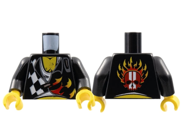 Two black LEGO torsos, one with checkered pattern, flames, and chest hair; the other with a flaming skull design. Both have black arms and yellow hands.