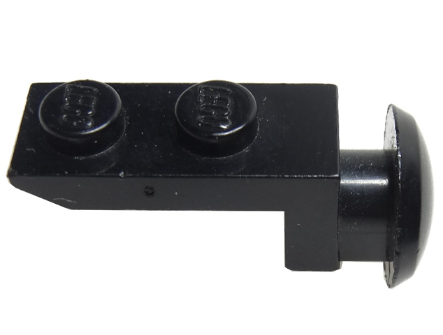 Black LEGO Train Buffer Single piece with two studs, a sloped end, and a round buffer on a white background.