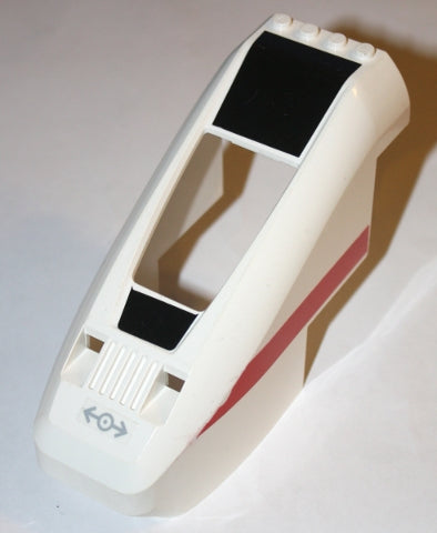 White LEGO train front 55768pb01 with gray train logo, red stripes, and black panel stickers.