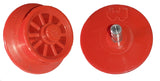 Two views of a red LEGO train wheel with spokes, a metal axle, and an embossed train logo.