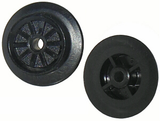 Two small black LEGO train wheels, 23mm diameter, with spoked design and Freestyle pin hole.