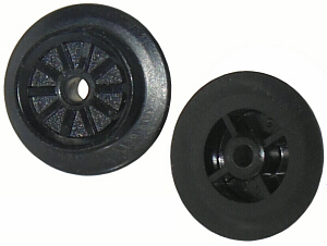 Two small black LEGO train wheels, 23mm diameter, with spoked design and Freestyle pin hole.