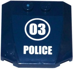 Dark blue LEGO 4x4x2/3 triple curved wedge piece with a white circle containing '03' and 'POLICE' text.