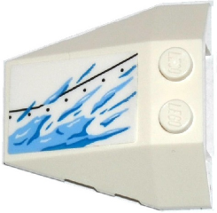 White LEGO 48933pb023L Wedge 4x4 triple, left side, with blue ice splatters and black line pattern, showing two studs.