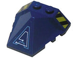 Dark blue LEGO 4x4x1 1/3 pyramid center wedge brick with yellow and black warning stripes and white and blue 'A' circuit pattern.