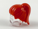 Red LEGO minifigure hairpiece, female ponytail style, with molded hair strands, on a clear transparent stand.
