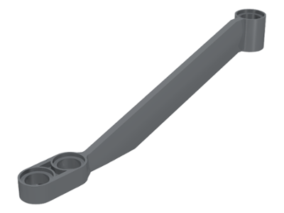Dark gray LEGO Technic wishbone suspension arm, part x136, with two pin holes at one end and a single pin hole at the other.