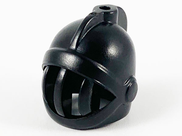 A black LEGO minifigure helmet, x167, featuring a closed design, fixed face grille, and a crest on top, viewed slightly from the front.