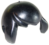 Close-up of a black LEGO Homemaker/Maxifigure long hair piece, smooth texture, slightly reflective with minor scuffs.