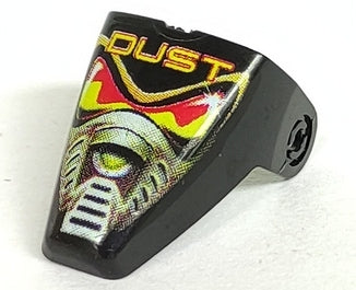 Black LEGO Technic Throwbot Visor x209pw1 with 'DUST' pattern and a yellow, red, and silver robotic face design.