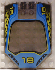 Clear LEGO x224px1 Windscreen 8x6x2 with blue and yellow racing pattern, number 18, and sloped sides.