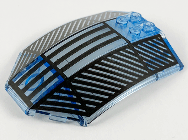 Trans-light blue LEGO Windscreen 8x6x2 Curved Sloped Sides with black and light gray line patterns, four studs.