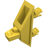 A yellow LEGO x277 Hinge 1 x 4 Triangle with two pins and a locking single finger, viewed from an angle.