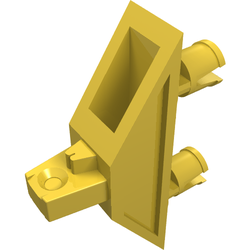 A yellow LEGO x277 Hinge 1 x 4 Triangle with two pins and a locking single finger, viewed from an angle.