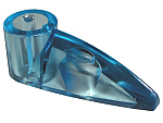 Translucent blue LEGO Bionicle 1x3 tooth with axle hole, known as a Bohrok eye, angled from a round base to a pointed tip.