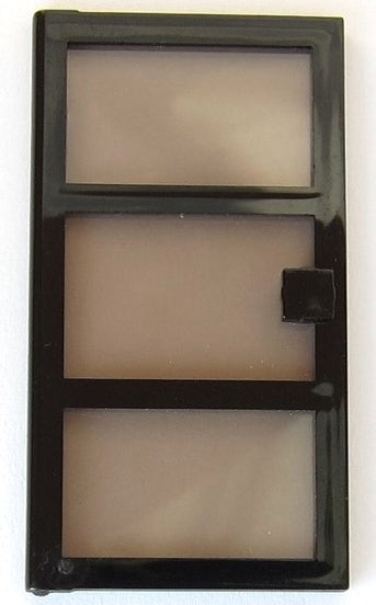 LEGO x39c02 black door, 1x4x6, with three fixed trans-brown glass panes and a square handle.