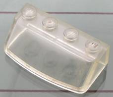 Clear transparent LEGO x453 Windscreen 2 x 4 x 1 Curved Front with four studs on top, viewed from an angle.