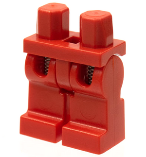 Close-up of a red LEGO minifigure's hips and spring-loaded legs, showing the articulated joints and internal springs.