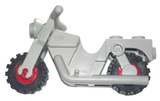 Light gray LEGO x81c01 Motorcycle Town part, with black tires and red wheel hubs.
