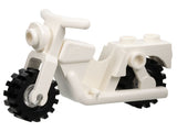 White LEGO motorcycle (x81c02) toy with black knobby tires, headlight, handlebars, and two studs.