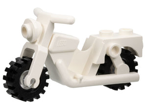 White LEGO motorcycle (x81c02) toy with black knobby tires, headlight, handlebars, and two studs.