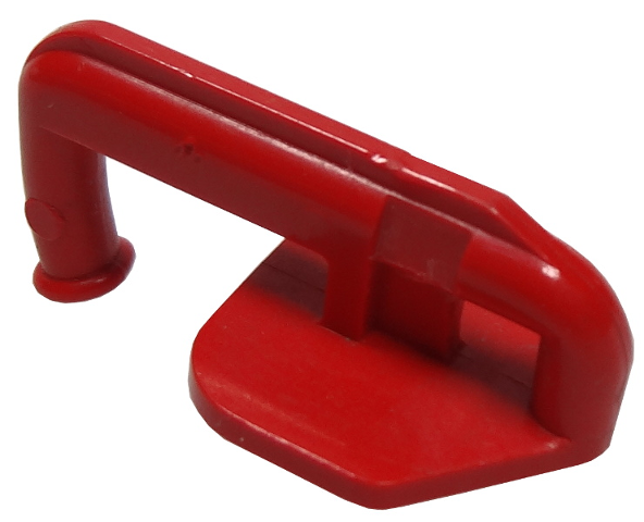 Red LEGO x886 Train Coupler Hook, a single plastic piece with a rounded hook and flat base.
