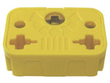 Yellow LEGO Technic x928cx1 Axle Connector, rectangular and triple spring-loaded, with visible connection ports and central gear.