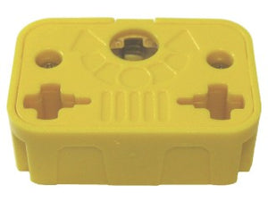 Yellow LEGO Technic x928cx1 Axle Connector, rectangular and triple spring-loaded, with visible connection ports and central gear.