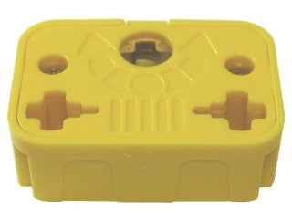 Yellow LEGO Technic x928cx1 Axle Connector, rectangular and triple spring-loaded, with visible connection ports and central gear.