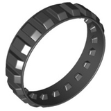 A dark gray LEGO x939 tread, small, circular, with 20 textured treads on the exterior and indentations inside.