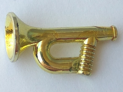 Metallic gold LEGO minifigure utensil, a bugle or trumpet, shown against a light background.