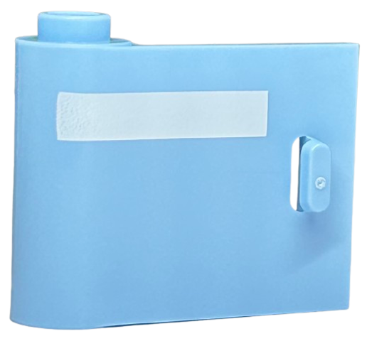 Light blue 1x3x2 left door brick with a textured horizontal white stripe and a hinge pin connector on the right side.