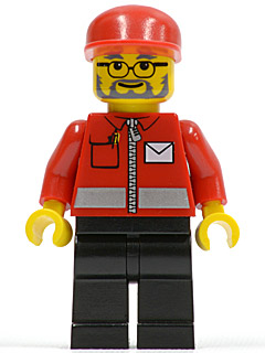LEGO Minifigure post006 - Post Office White Envelope and Stripe, Black Legs, Red Cap, Beard and Glasses - Authentic LEGO Minifigure Main Image