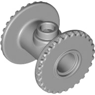 Gray LEGO String Reel 2 x 2 x 2 Drum with Stud, featuring ridged flanges on both ends and a central stud connection.