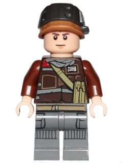 LEGO Minifigure sw0805 Rebel Trooper Private Calfor with brown jacket, gray pants, light nougat head, and dark brown helmet.