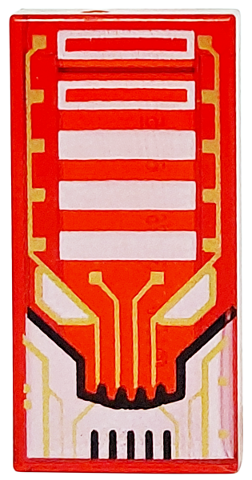 Red 1x2 tile with alien robot face, gold circuitry, black lines, white eyes, and white/red rectangle pattern.