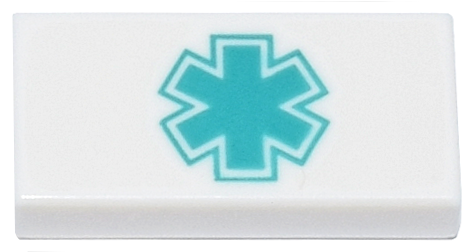 White LEGO 1x2 tile with a dark turquoise Star of Life (EMT symbol) pattern.