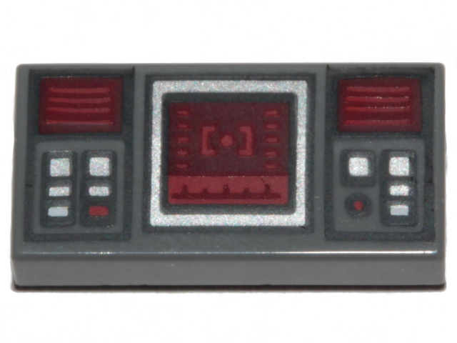 Gray LEGO 1x2 tile with Star Wars dark red target screen, and dark red and silver button pattern.