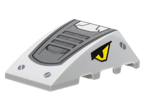 Light gray LEGO wedge 4x4 triple curved with dark bluish gray and silver armor, screw, and yellow eye patterns.